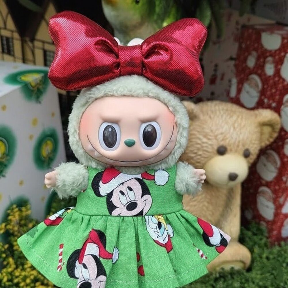 Holiday Christmas Santa Claus Custom Dress and Oversized Metallic Bow for Labubu
